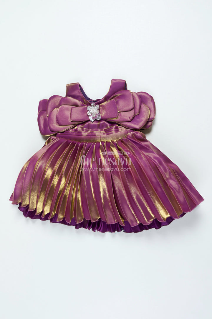 The Nesavu Girls Fancy Party Frock Girls Satin Organza Pleated Party Frock with Bow Elegant Occasion Wear Nesavu 16 (1Y) / Purple PF262A-16 Nesavu satin organza pleated frock bow girls party wear dress
