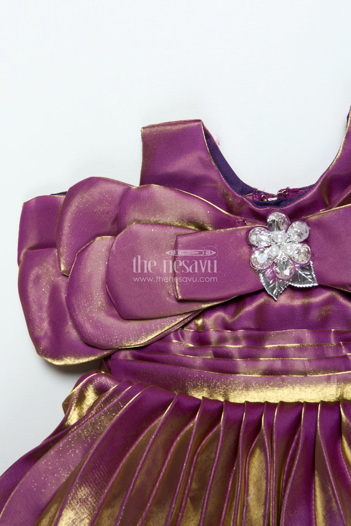 The Nesavu Girls Fancy Party Frock Girls Satin Organza Pleated Party Frock with Bow Elegant Occasion Wear Nesavu Nesavu satin organza pleated frock bow girls party wear dress