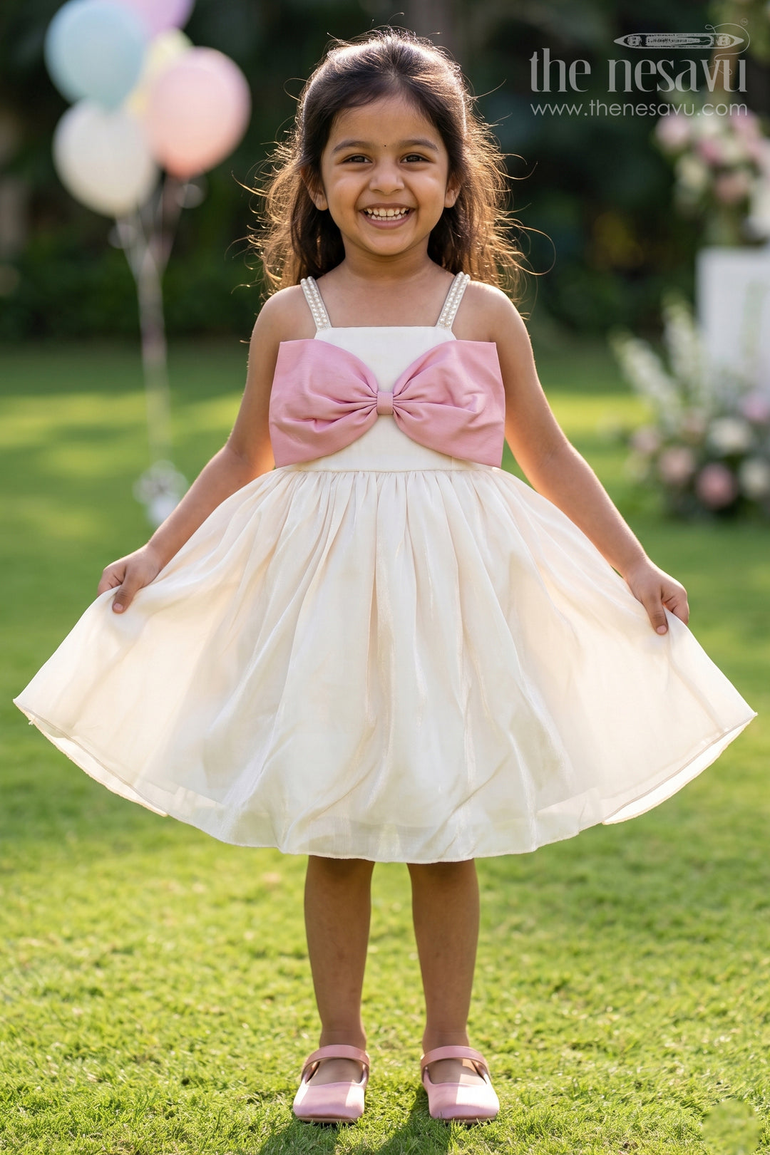 The Nesavu Girls Fancy Party Frock Girls Satin Party Frock for Birthdays and Special Occasions Nesavu 20 (3Y) / Cream / Satin PF287E-20 Nesavu Girls Satin Party Frock With Bow Detailing For Birthdays And Festive Celebrations