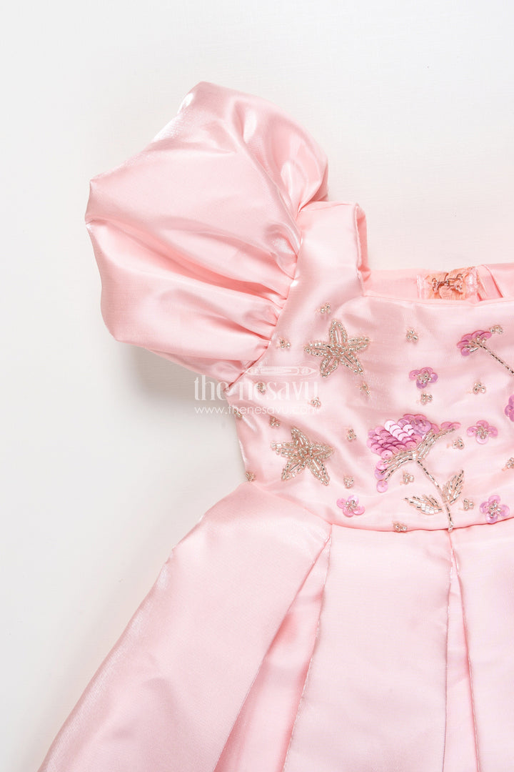 The Nesavu Girls Fancy Party Frock Girls Satin Party Frock with Puff Sleeves and Pleated Skirt Nesavu Nesavu satin party dress girls puff sleeves