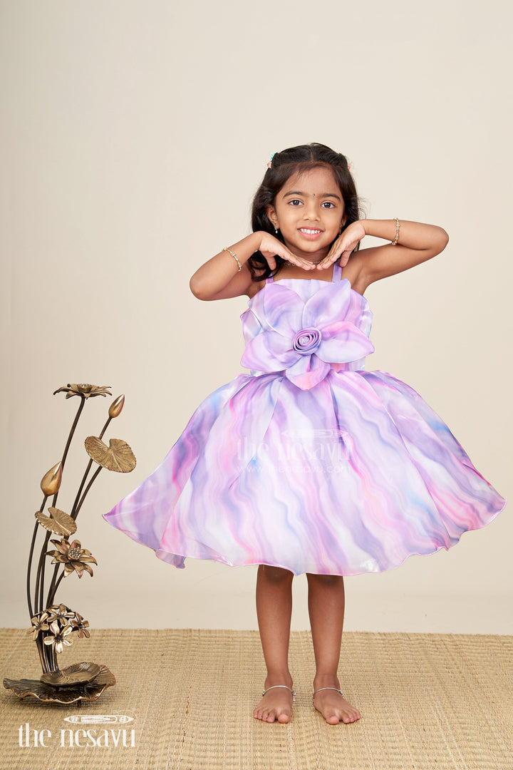 The Nesavu Girls Fancy Party Frock Girls satin pastel swirl party frock with oversized flower detail Nesavu 16 (1Y) / Multicolor PF273A-16 Nesavu girls satin swirl print party frock with oversized flower pastel festive wear
