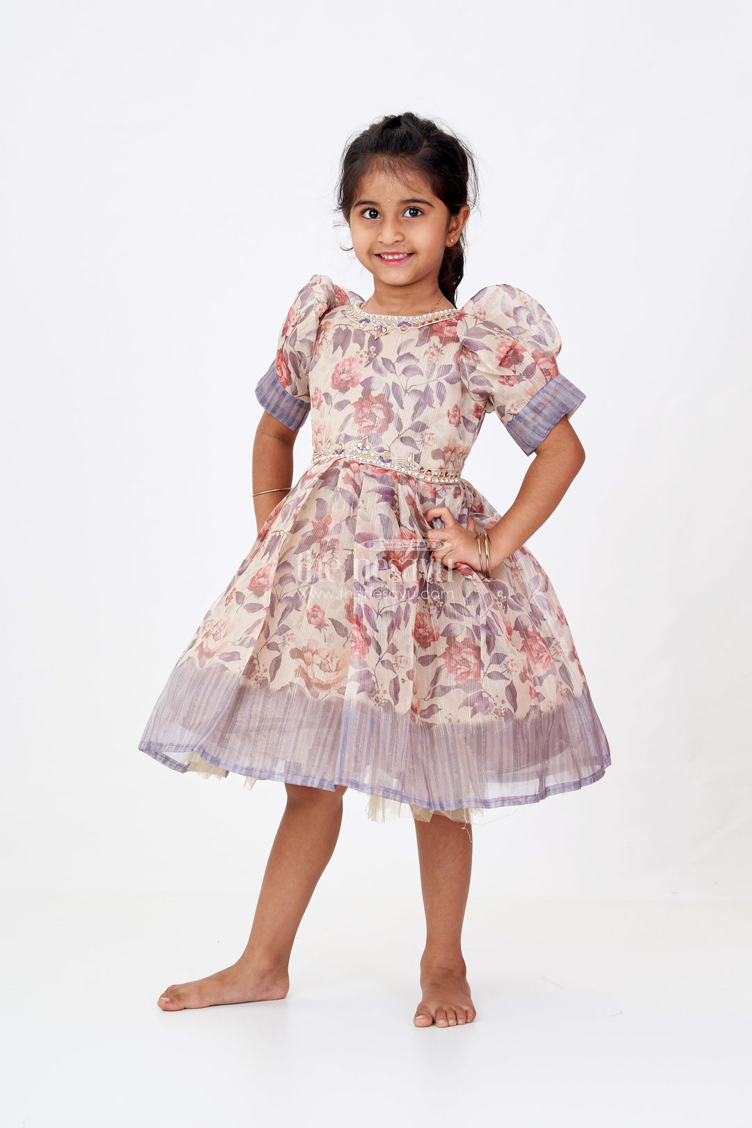 The Nesavu Silk Frock Girls Satin Silk Frock in Floral Gold Tissue with Puff Sleeves and Ombre Shaded Hemline Nesavu 16 (1Y) / Purple SF978B-16 Satin Silk Frock Girls Gold Tissue Fabric Floral Print Ombre Border Detail | The Nesavu