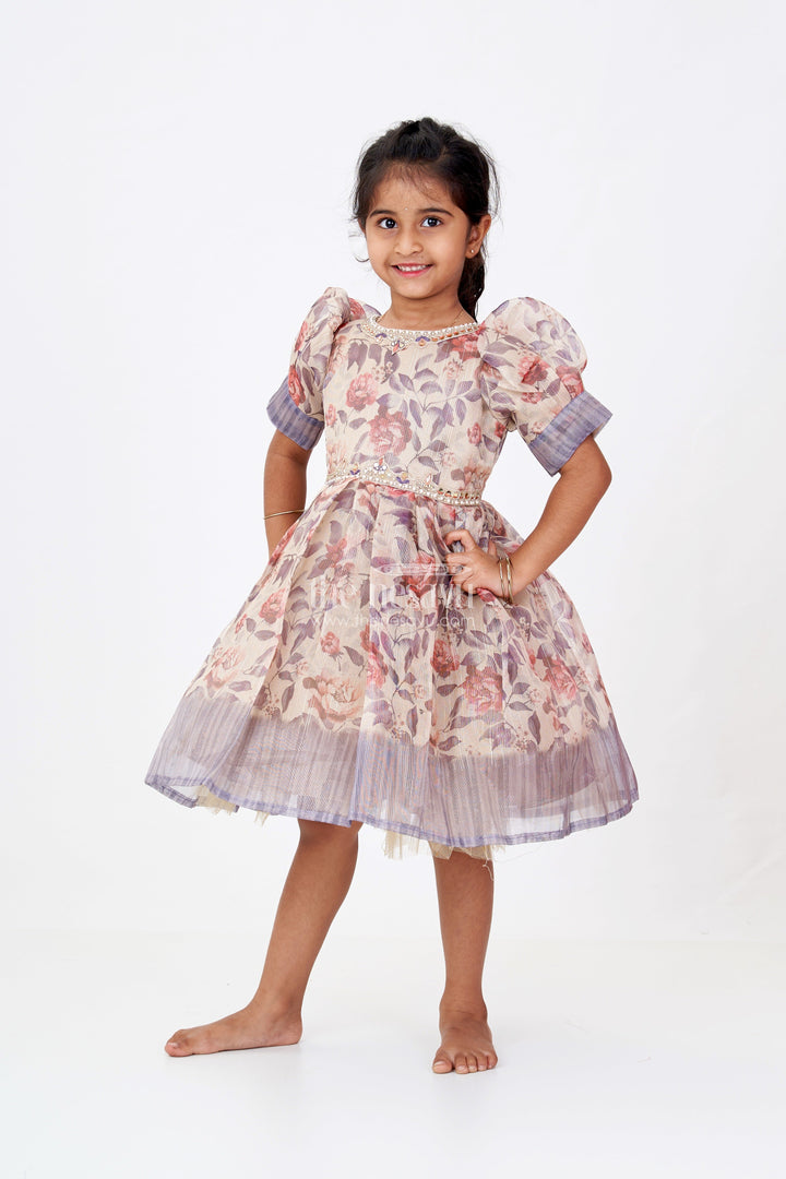 The Nesavu Silk Frock Girls Satin Silk Frock in Floral Gold Tissue with Puff Sleeves and Ombre Shaded Hemline Nesavu 16 (1Y) / Purple SF978B-16 Satin Silk Frock Girls Gold Tissue Fabric Floral Print Ombre Border Detail | The Nesavu
