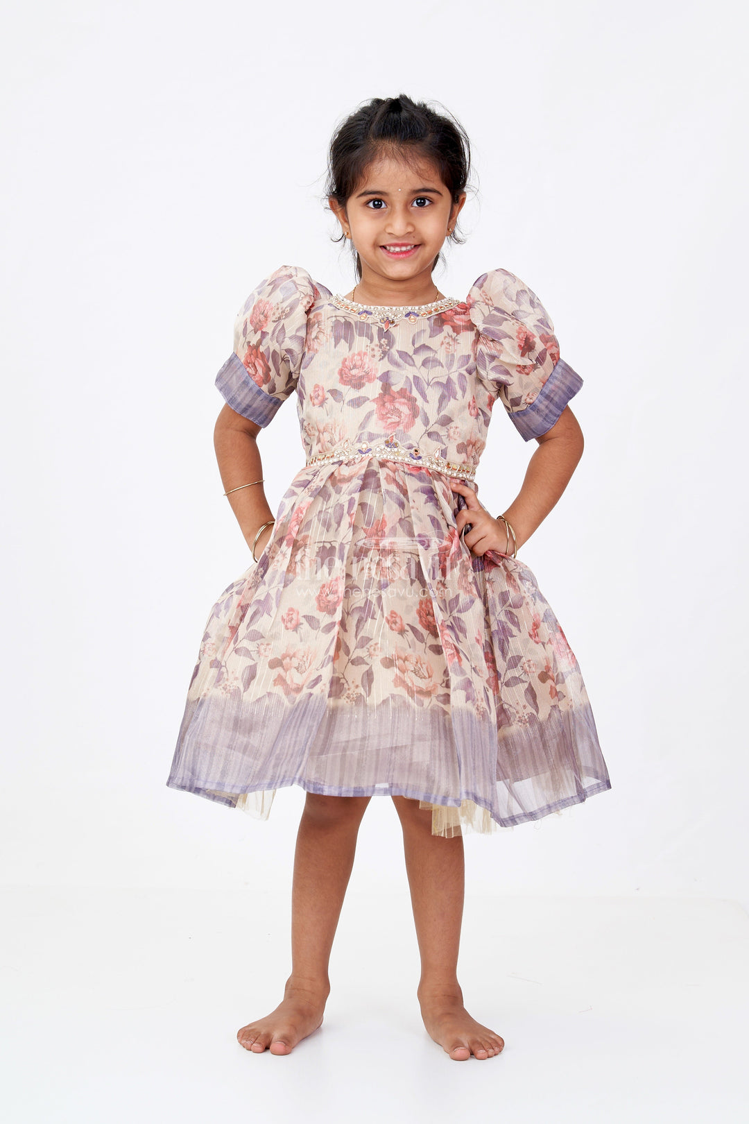 The Nesavu Silk Frock Girls Satin Silk Frock in Floral Gold Tissue with Puff Sleeves and Ombre Shaded Hemline Nesavu Satin Silk Frock Girls Gold Tissue Fabric Floral Print Ombre Border Detail | The Nesavu