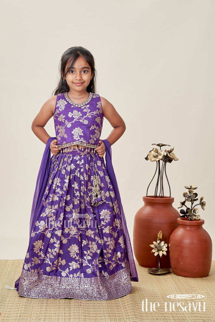 The Nesavu Girls Lehenga Choli Girls Semi Banaras Lehenga Dark Purple with Floral Jaal Jacquard and Stone Beaded Blouse Nesavu 24 (5Y) / Purple GL647A-24 Girls Semi Banaras Lehenga Dark Purple Floral Jaal Design Beaded Blouse Set | The Nesavu
