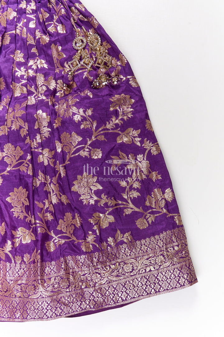 The Nesavu Girls Lehenga Choli Girls Semi Banaras Lehenga Dark Purple with Floral Jaal Jacquard and Stone Beaded Blouse Nesavu Girls Semi Banaras Lehenga Dark Purple Floral Jaal Design Beaded Blouse Set | The Nesavu