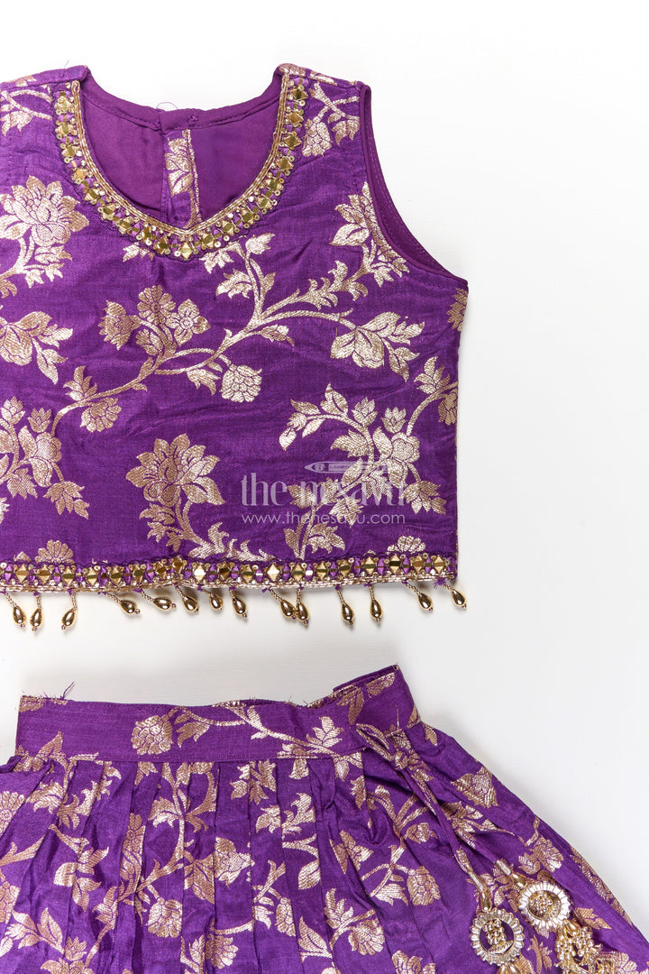 The Nesavu Girls Lehenga Choli Girls Semi Banaras Lehenga Dark Purple with Floral Jaal Jacquard and Stone Beaded Blouse Nesavu Girls Semi Banaras Lehenga Dark Purple Floral Jaal Design Beaded Blouse Set | The Nesavu