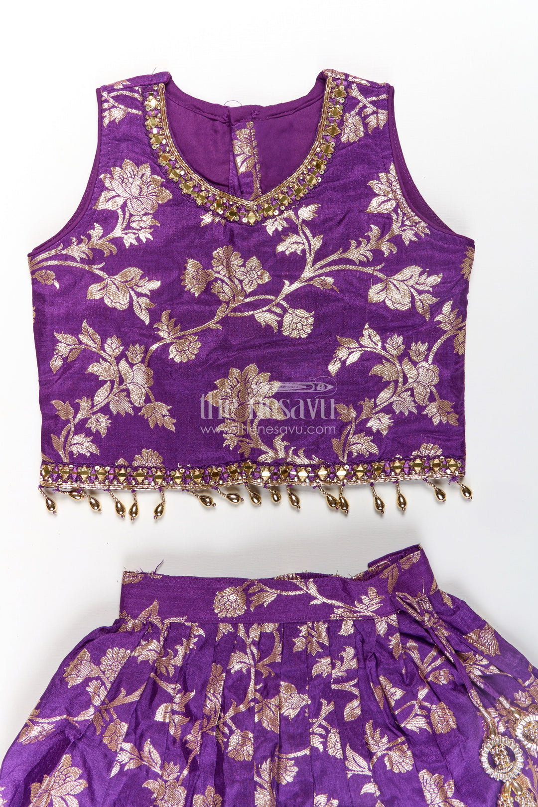 The Nesavu Girls Lehenga Choli Girls Semi Banaras Lehenga Dark Purple with Floral Jaal Jacquard and Stone Beaded Blouse Nesavu Girls Semi Banaras Lehenga Dark Purple Floral Jaal Design Beaded Blouse Set | The Nesavu