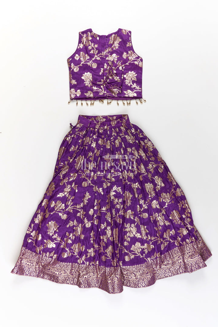The Nesavu Girls Lehenga Choli Girls Semi Banaras Lehenga Dark Purple with Floral Jaal Jacquard and Stone Beaded Blouse Nesavu Girls Semi Banaras Lehenga Dark Purple Floral Jaal Design Beaded Blouse Set | The Nesavu