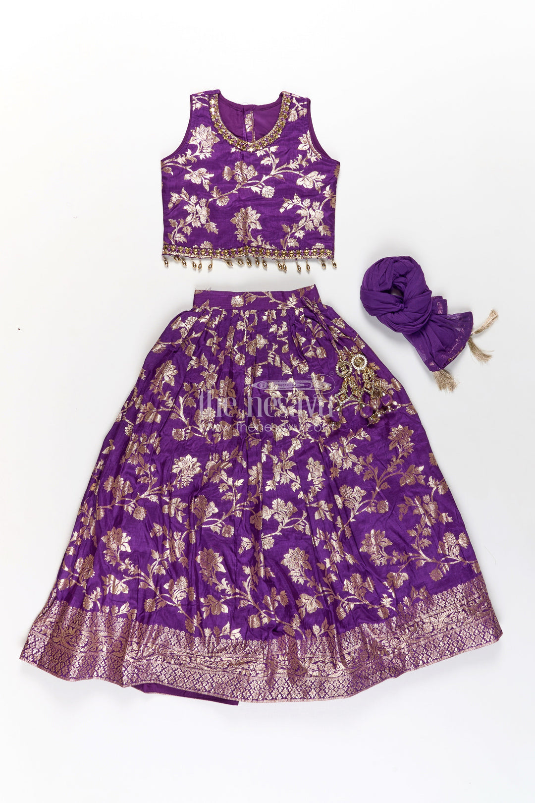 The Nesavu Girls Lehenga Choli Girls Semi Banaras Lehenga Dark Purple with Floral Jaal Jacquard and Stone Beaded Blouse Nesavu Girls Semi Banaras Lehenga Dark Purple Floral Jaal Design Beaded Blouse Set | The Nesavu