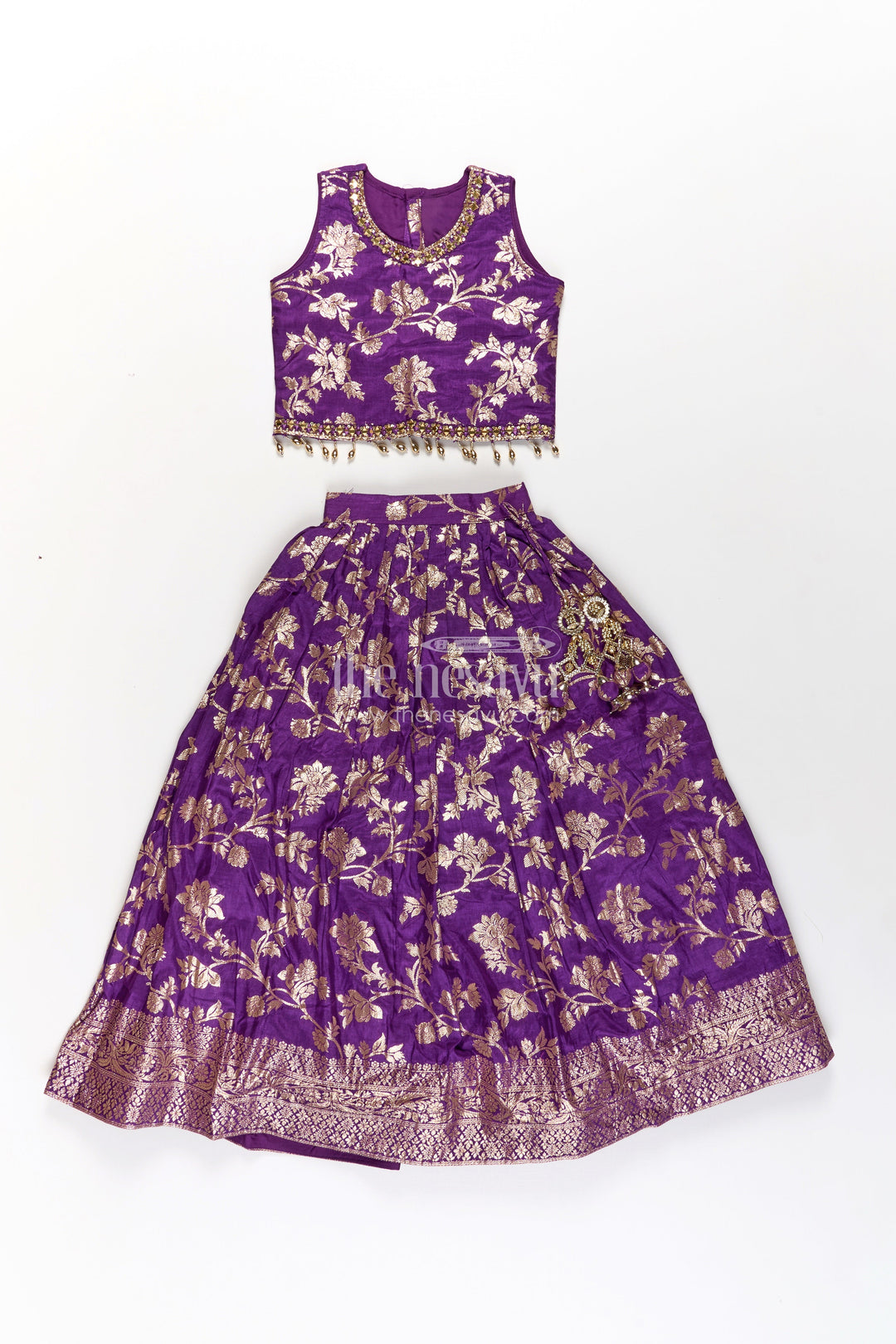 The Nesavu Girls Lehenga Choli Girls Semi Banaras Lehenga Dark Purple with Floral Jaal Jacquard and Stone Beaded Blouse Nesavu Girls Semi Banaras Lehenga Dark Purple Floral Jaal Design Beaded Blouse Set | The Nesavu