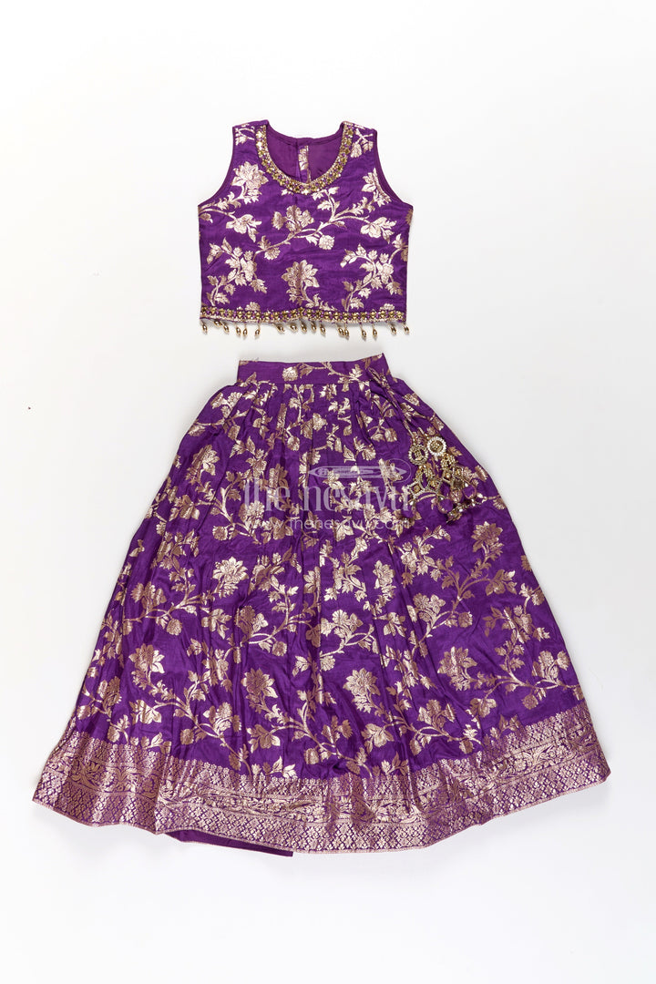 The Nesavu Girls Lehenga Choli Girls Semi Banaras Lehenga Dark Purple with Floral Jaal Jacquard and Stone Beaded Blouse Nesavu Girls Semi Banaras Lehenga Dark Purple Floral Jaal Design Beaded Blouse Set | The Nesavu