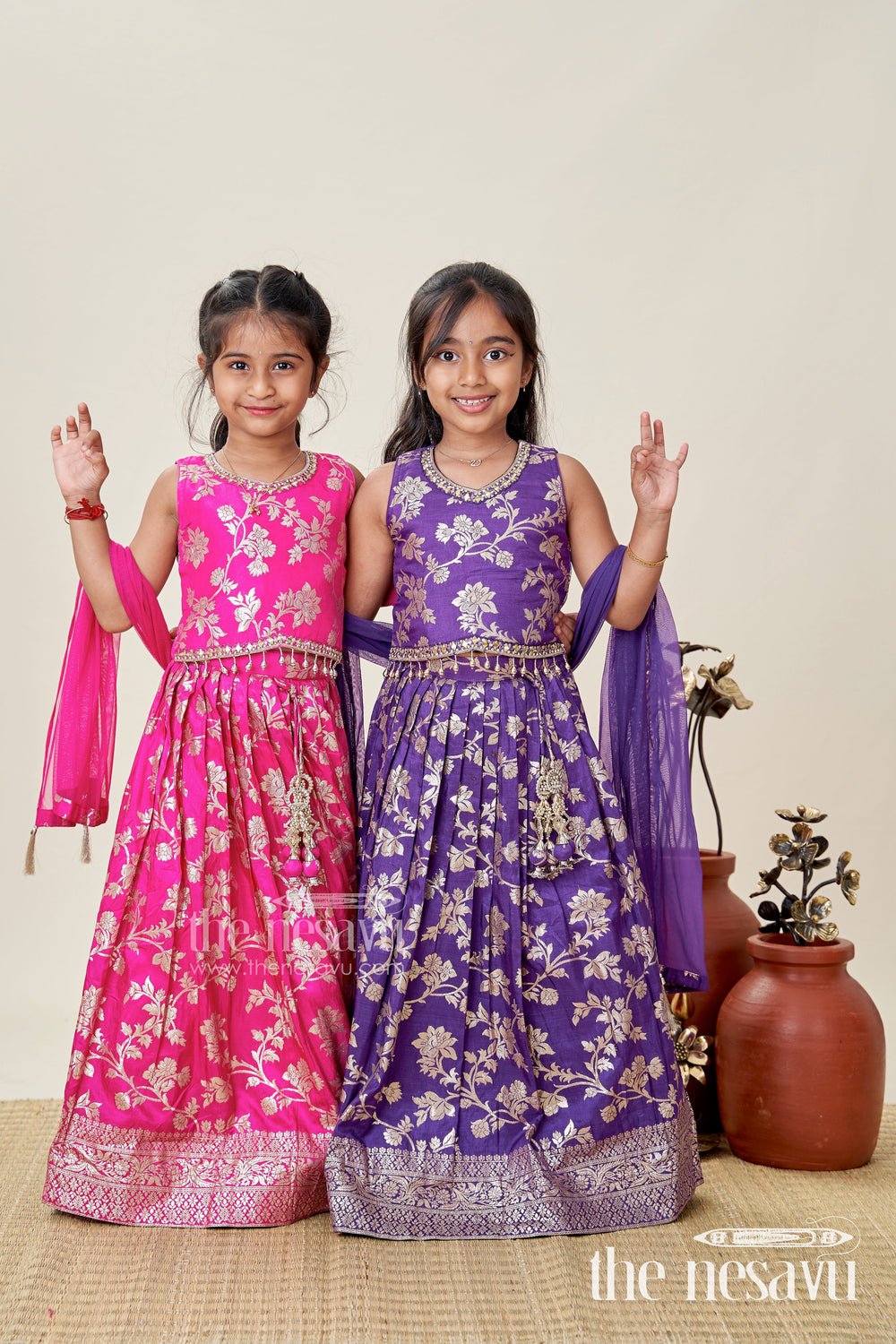 The Nesavu Girls Lehenga Choli Girls Semi Banaras Lehenga Dark Purple with Floral Jaal Jacquard and Stone Beaded Blouse Nesavu Girls Semi Banaras Lehenga Dark Purple Floral Jaal Design Beaded Blouse Set | The Nesavu
