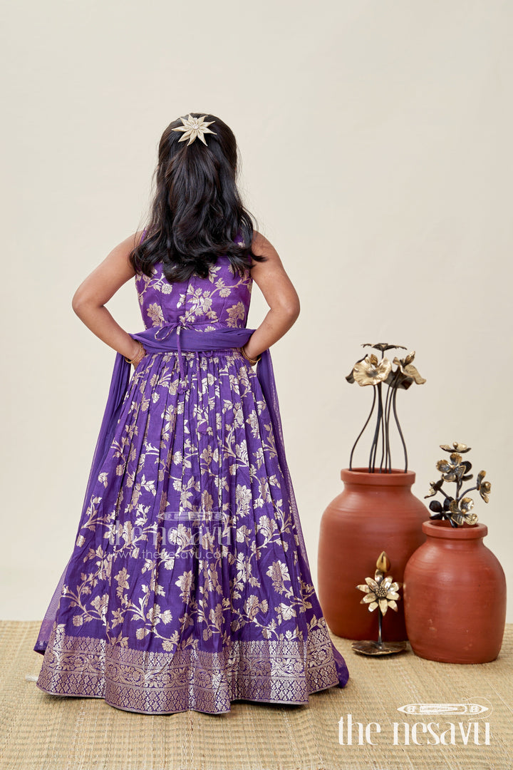 The Nesavu Girls Lehenga Choli Girls Semi Banaras Lehenga Dark Purple with Floral Jaal Jacquard and Stone Beaded Blouse Nesavu Girls Semi Banaras Lehenga Dark Purple Floral Jaal Design Beaded Blouse Set | The Nesavu