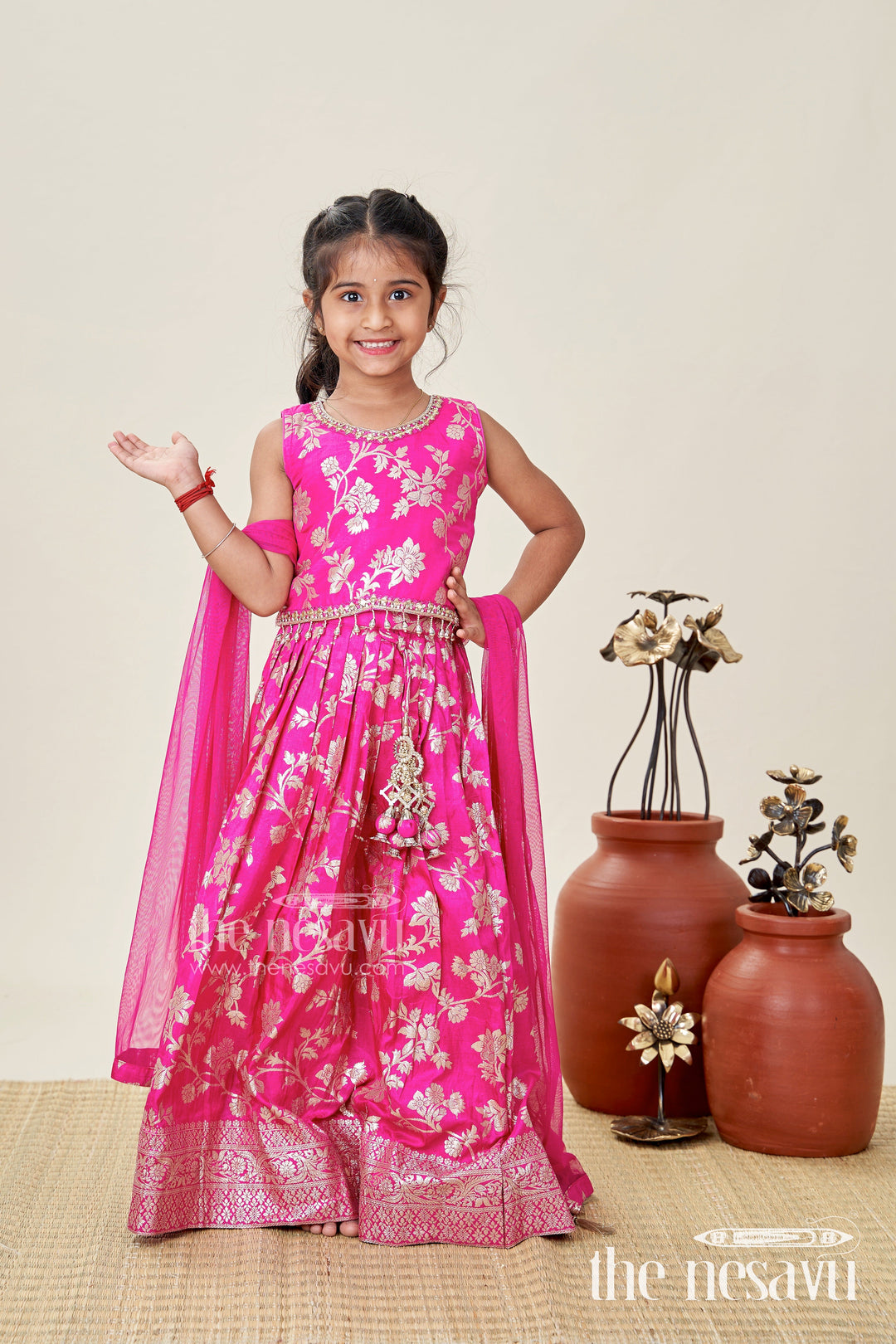 The Nesavu Girls Lehenga Choli Girls Semi Banaras Lehenga Dress Pink with Floral Jaal Weaving and Bead Trimmed Choli Nesavu 24 (5Y) / Pink GL647B-24 Girls Pink Lehenga Dress Semi Banaras Floral Jacquard Beaded Choli Matching Dupatta | The Nesavu