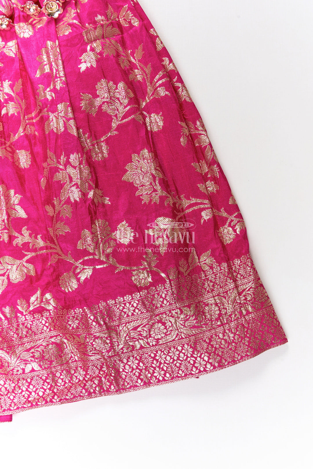 The Nesavu Girls Lehenga Choli Girls Semi Banaras Lehenga Dress Pink with Floral Jaal Weaving and Bead Trimmed Choli Nesavu Girls Pink Lehenga Dress Semi Banaras Floral Jacquard Beaded Choli Matching Dupatta | The Nesavu