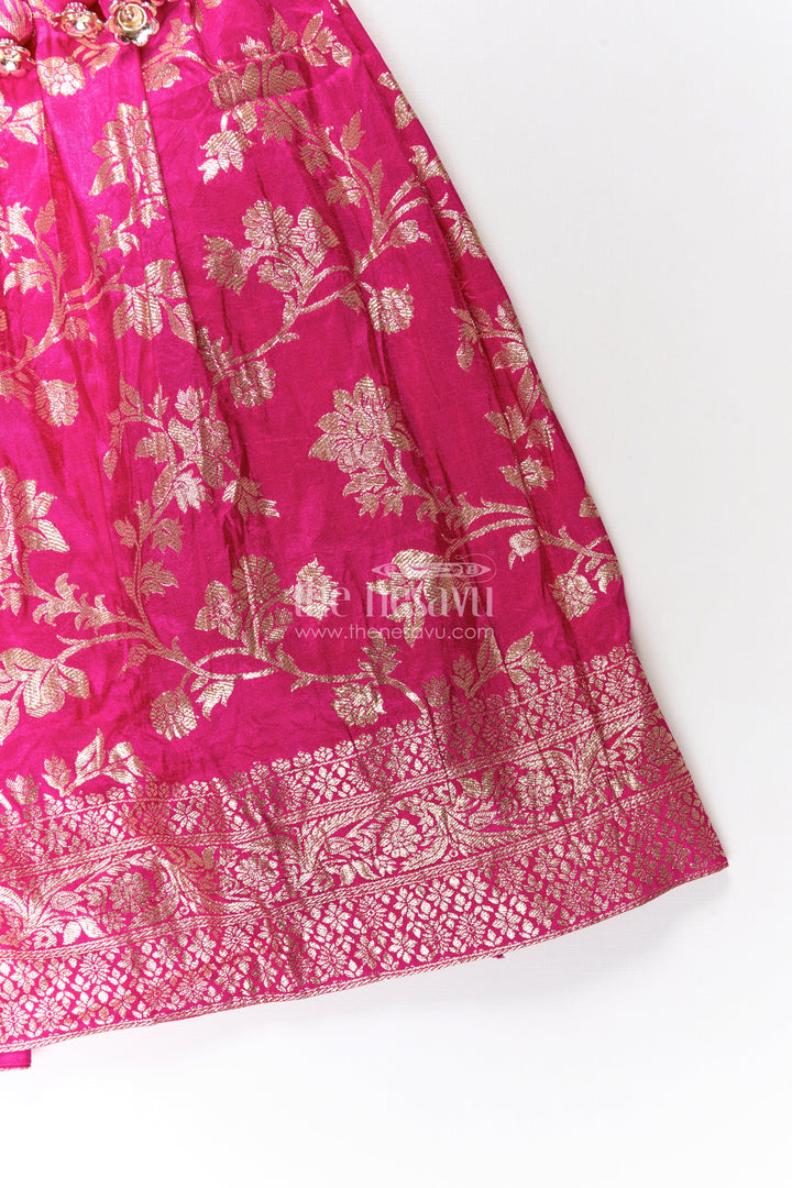 The Nesavu Girls Lehenga Choli Girls Semi Banaras Lehenga Dress Pink with Floral Jaal Weaving and Bead Trimmed Choli Nesavu Girls Pink Lehenga Dress Semi Banaras Floral Jacquard Beaded Choli Matching Dupatta | The Nesavu