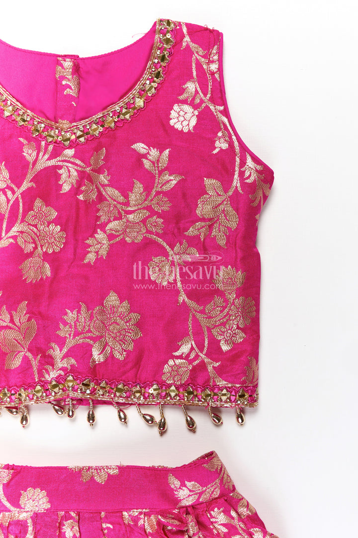 The Nesavu Girls Lehenga Choli Girls Semi Banaras Lehenga Dress Pink with Floral Jaal Weaving and Bead Trimmed Choli Nesavu Girls Pink Lehenga Dress Semi Banaras Floral Jacquard Beaded Choli Matching Dupatta | The Nesavu