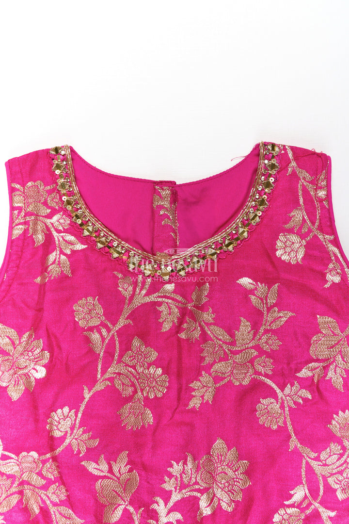 The Nesavu Girls Lehenga Choli Girls Semi Banaras Lehenga Dress Pink with Floral Jaal Weaving and Bead Trimmed Choli Nesavu Girls Pink Lehenga Dress Semi Banaras Floral Jacquard Beaded Choli Matching Dupatta | The Nesavu