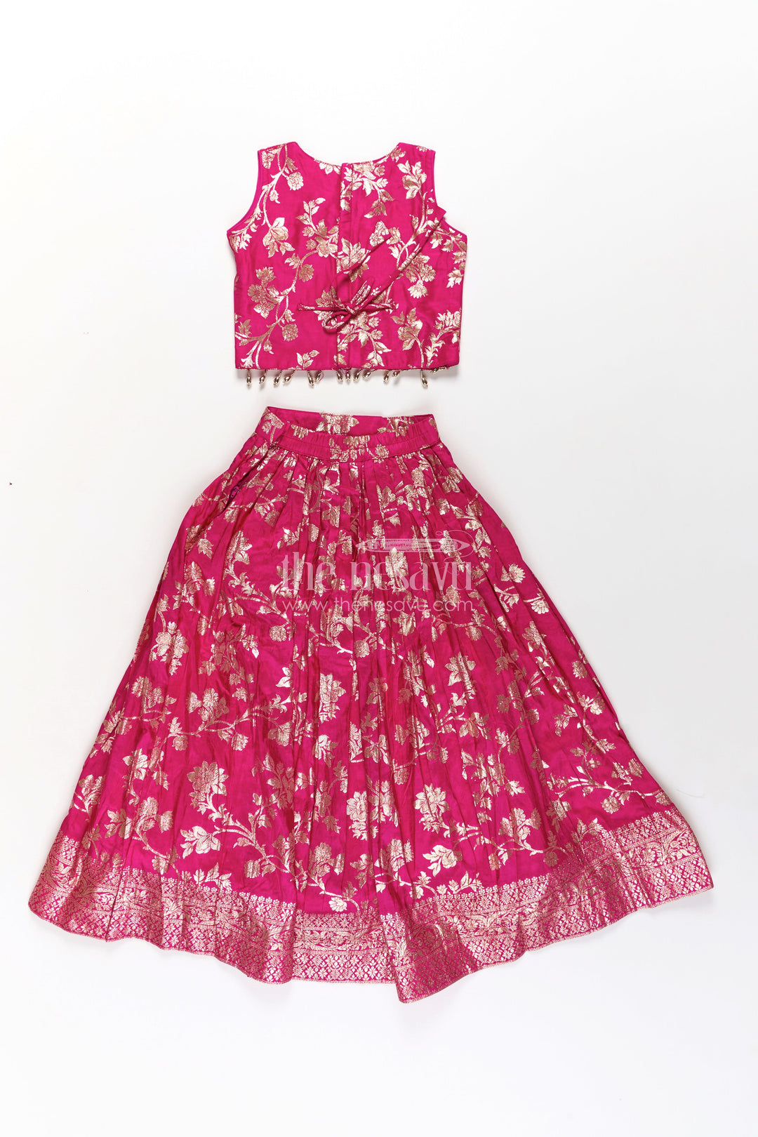 The Nesavu Girls Lehenga Choli Girls Semi Banaras Lehenga Dress Pink with Floral Jaal Weaving and Bead Trimmed Choli Nesavu Girls Pink Lehenga Dress Semi Banaras Floral Jacquard Beaded Choli Matching Dupatta | The Nesavu