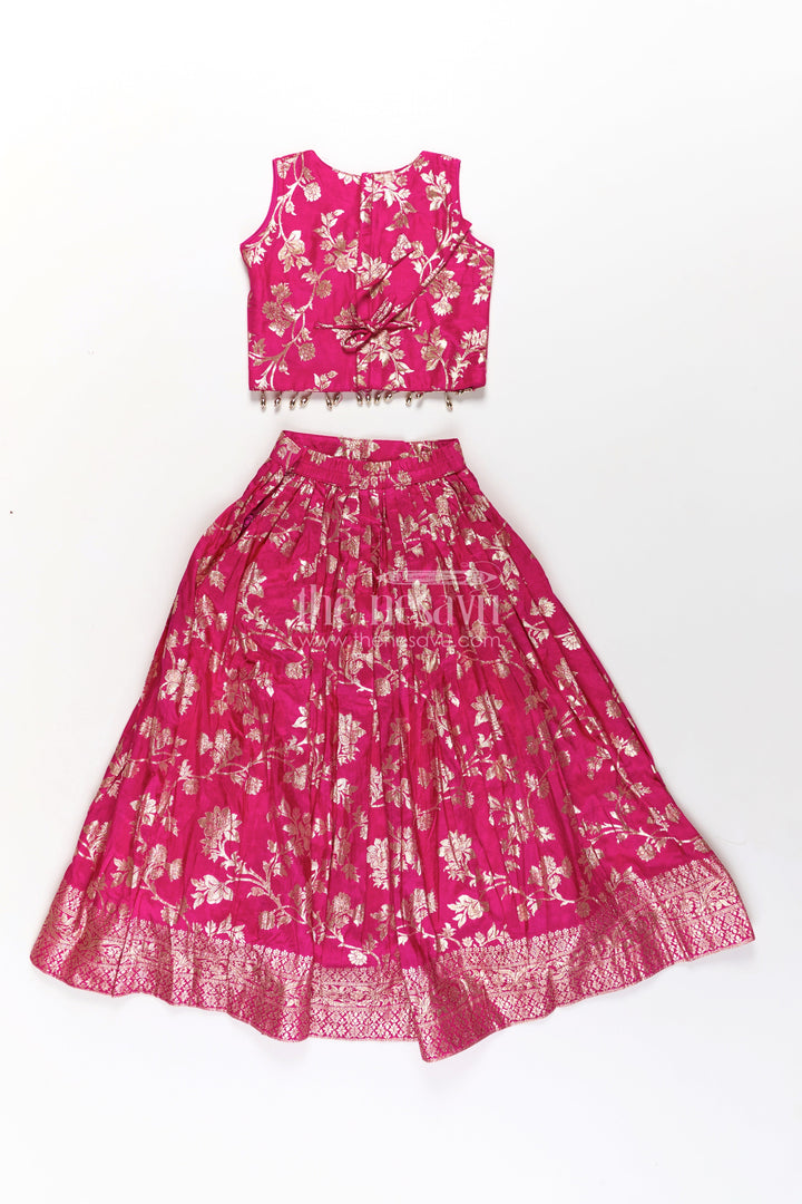 The Nesavu Girls Lehenga Choli Girls Semi Banaras Lehenga Dress Pink with Floral Jaal Weaving and Bead Trimmed Choli Nesavu Girls Pink Lehenga Dress Semi Banaras Floral Jacquard Beaded Choli Matching Dupatta | The Nesavu