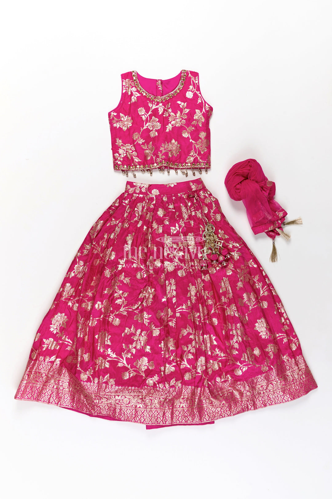 The Nesavu Girls Lehenga Choli Girls Semi Banaras Lehenga Dress Pink with Floral Jaal Weaving and Bead Trimmed Choli Nesavu Girls Pink Lehenga Dress Semi Banaras Floral Jacquard Beaded Choli Matching Dupatta | The Nesavu
