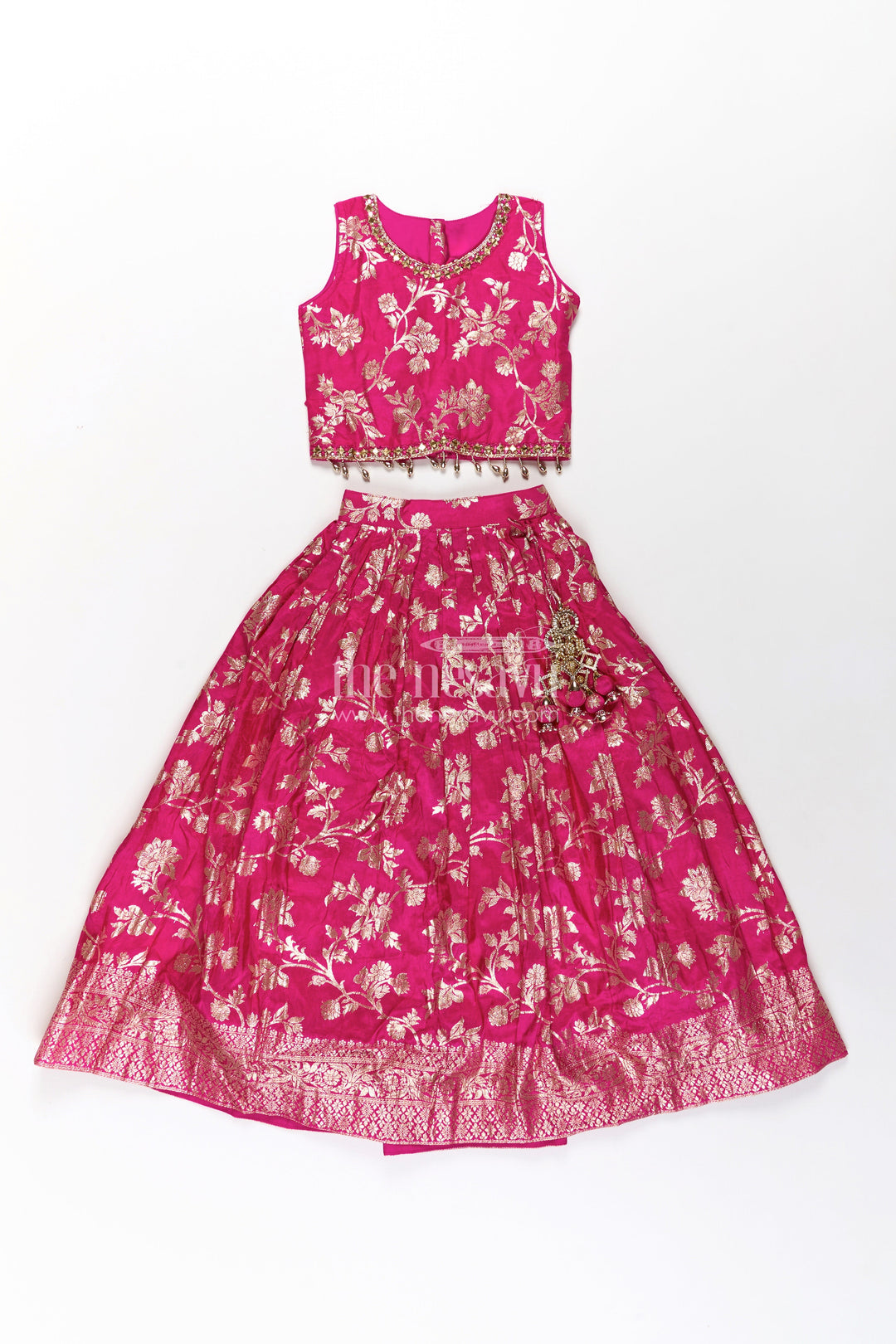 The Nesavu Girls Lehenga Choli Girls Semi Banaras Lehenga Dress Pink with Floral Jaal Weaving and Bead Trimmed Choli Nesavu Girls Pink Lehenga Dress Semi Banaras Floral Jacquard Beaded Choli Matching Dupatta | The Nesavu