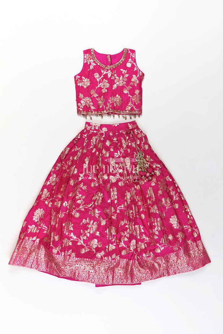 The Nesavu Girls Lehenga Choli Girls Semi Banaras Lehenga Dress Pink with Floral Jaal Weaving and Bead Trimmed Choli Nesavu Girls Pink Lehenga Dress Semi Banaras Floral Jacquard Beaded Choli Matching Dupatta | The Nesavu