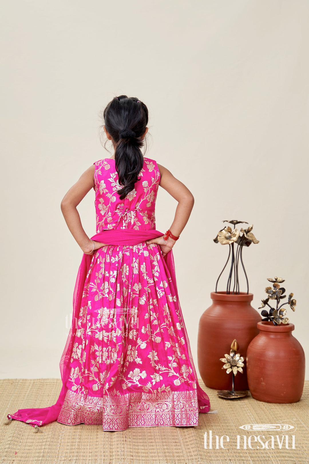 The Nesavu Girls Lehenga Choli Girls Semi Banaras Lehenga Dress Pink with Floral Jaal Weaving and Bead Trimmed Choli Nesavu Girls Pink Lehenga Dress Semi Banaras Floral Jacquard Beaded Choli Matching Dupatta | The Nesavu