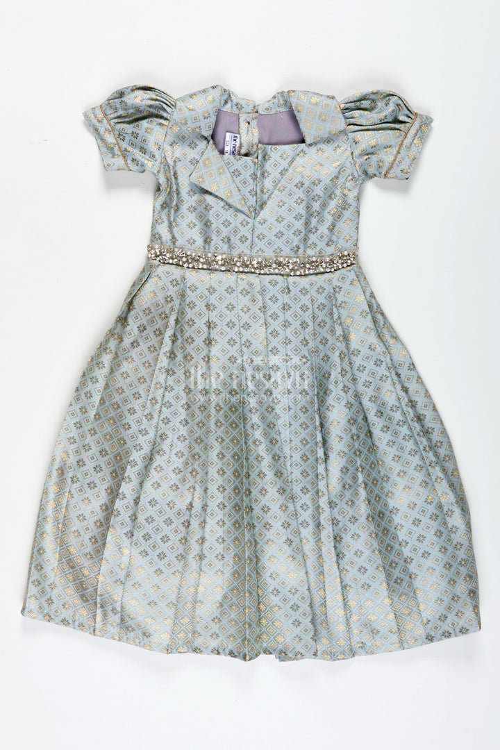The Nesavu Girls Silk Gown Girls Semi Banaras Silk Gown with Collar Ethnic Grey and Gold Party Wear Nesavu 18 (2Y) / Gray GA343A-18 Nesavu Semi Banaras Silk Gown Girls Grey Ethnic Party Wear Dress Collar Puff Sleeves