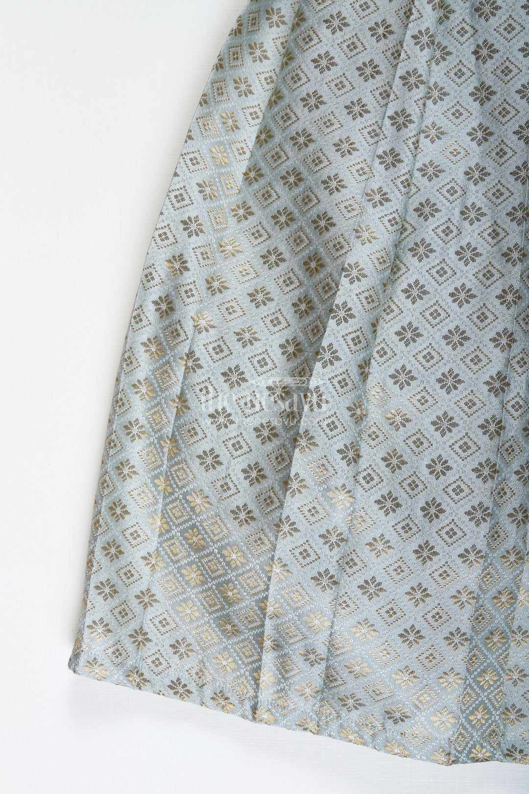 The Nesavu Girls Silk Gown Girls Semi Banaras Silk Gown with Collar Ethnic Grey and Gold Party Wear Nesavu Nesavu Semi Banaras Silk Gown Girls Grey Ethnic Party Wear Dress Collar Puff Sleeves