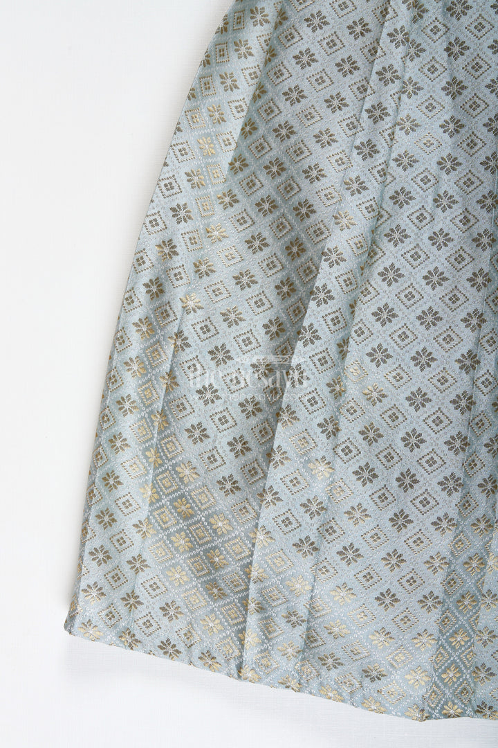 The Nesavu Girls Silk Gown Girls Semi Banaras Silk Gown with Collar Ethnic Grey and Gold Party Wear Nesavu Nesavu Semi Banaras Silk Gown Girls Grey Ethnic Party Wear Dress Collar Puff Sleeves