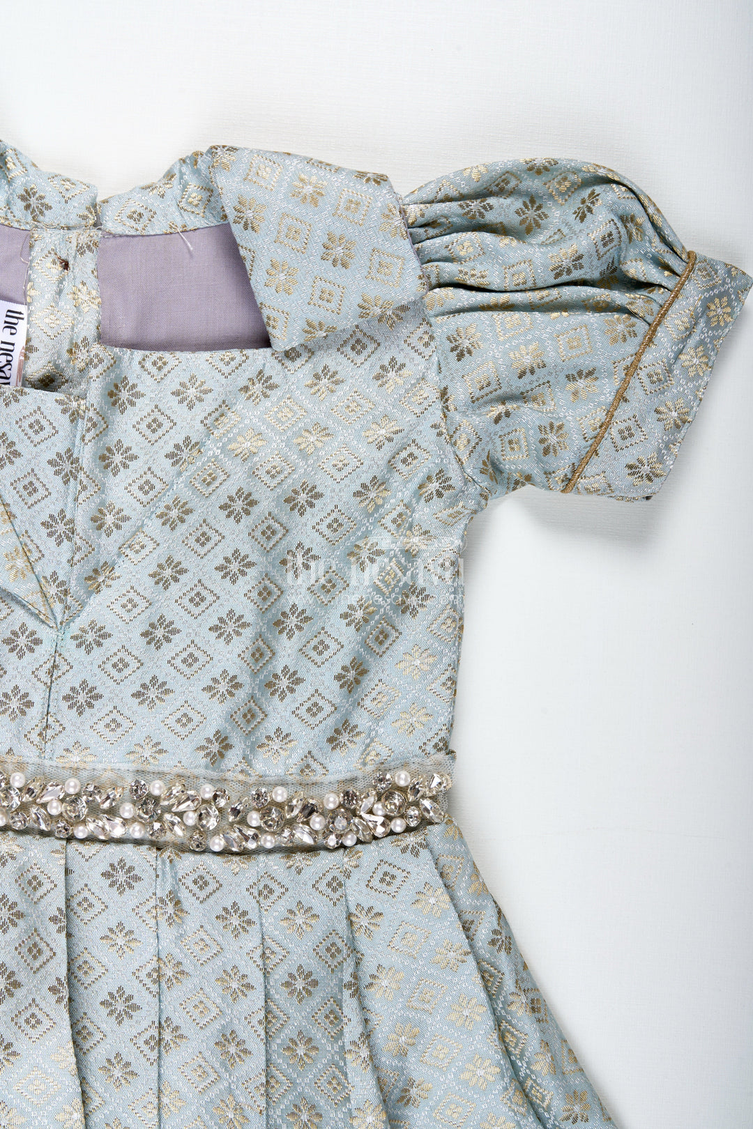 The Nesavu Girls Silk Gown Girls Semi Banaras Silk Gown with Collar Ethnic Grey and Gold Party Wear Nesavu Nesavu Semi Banaras Silk Gown Girls Grey Ethnic Party Wear Dress Collar Puff Sleeves