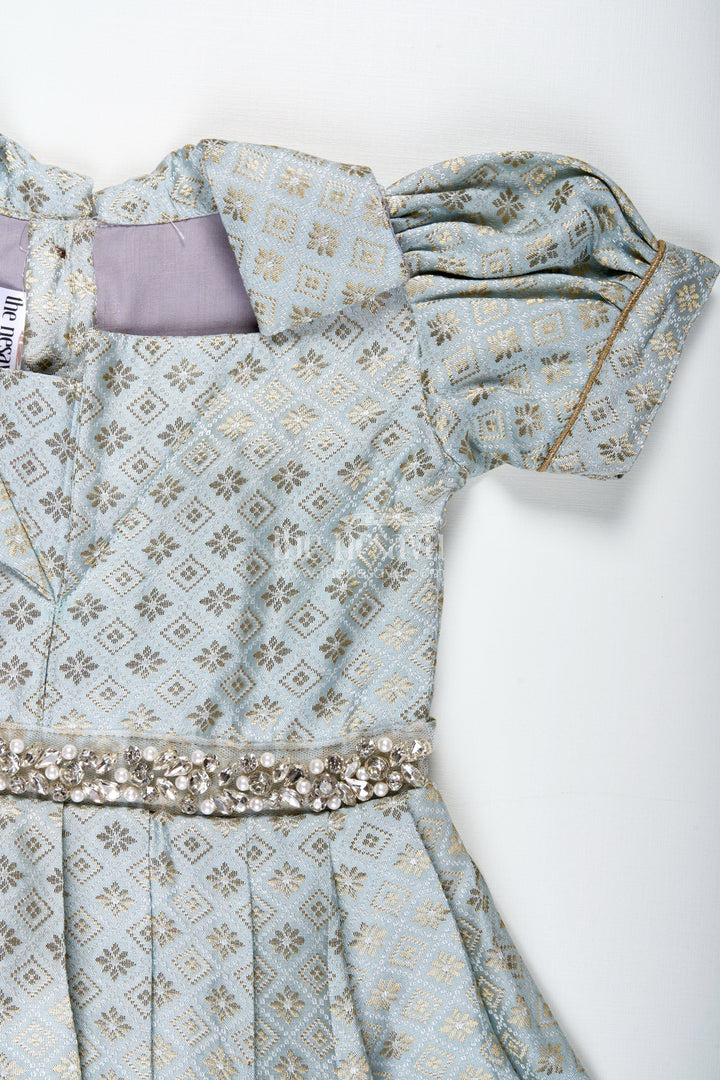 The Nesavu Girls Silk Gown Girls Semi Banaras Silk Gown with Collar Ethnic Grey and Gold Party Wear Nesavu Nesavu Semi Banaras Silk Gown Girls Grey Ethnic Party Wear Dress Collar Puff Sleeves