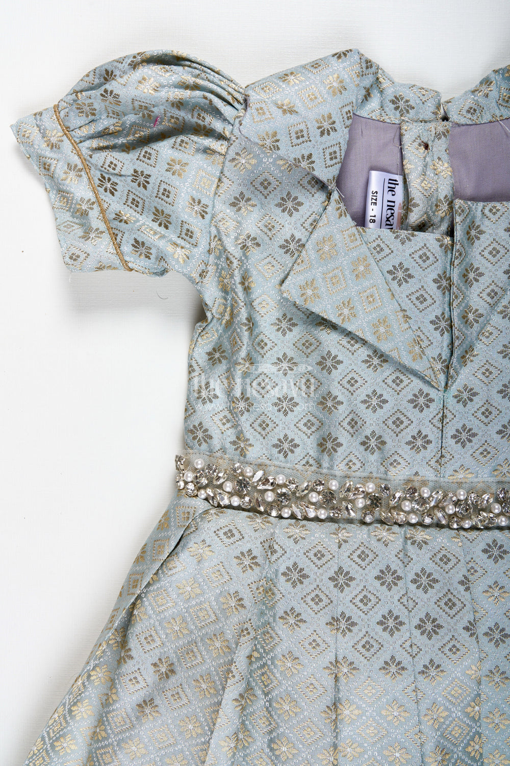 The Nesavu Girls Silk Gown Girls Semi Banaras Silk Gown with Collar Ethnic Grey and Gold Party Wear Nesavu Nesavu Semi Banaras Silk Gown Girls Grey Ethnic Party Wear Dress Collar Puff Sleeves