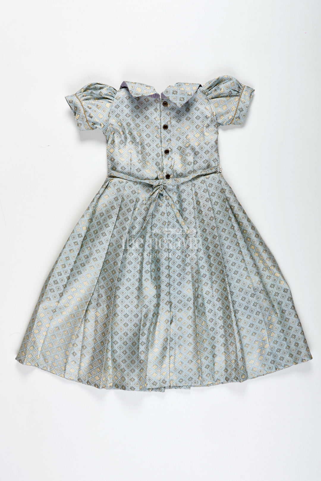 The Nesavu Girls Silk Gown Girls Semi Banaras Silk Gown with Collar Ethnic Grey and Gold Party Wear Nesavu Nesavu Semi Banaras Silk Gown Girls Grey Ethnic Party Wear Dress Collar Puff Sleeves