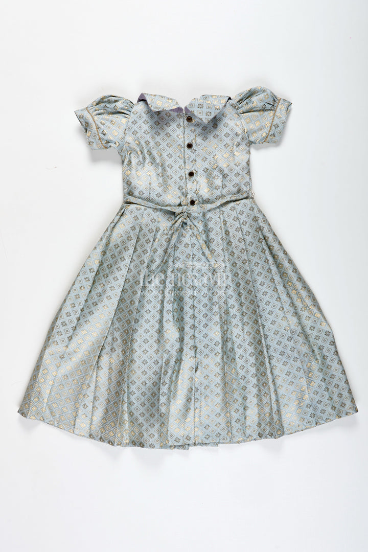 The Nesavu Girls Silk Gown Girls Semi Banaras Silk Gown with Collar Ethnic Grey and Gold Party Wear Nesavu Nesavu Semi Banaras Silk Gown Girls Grey Ethnic Party Wear Dress Collar Puff Sleeves