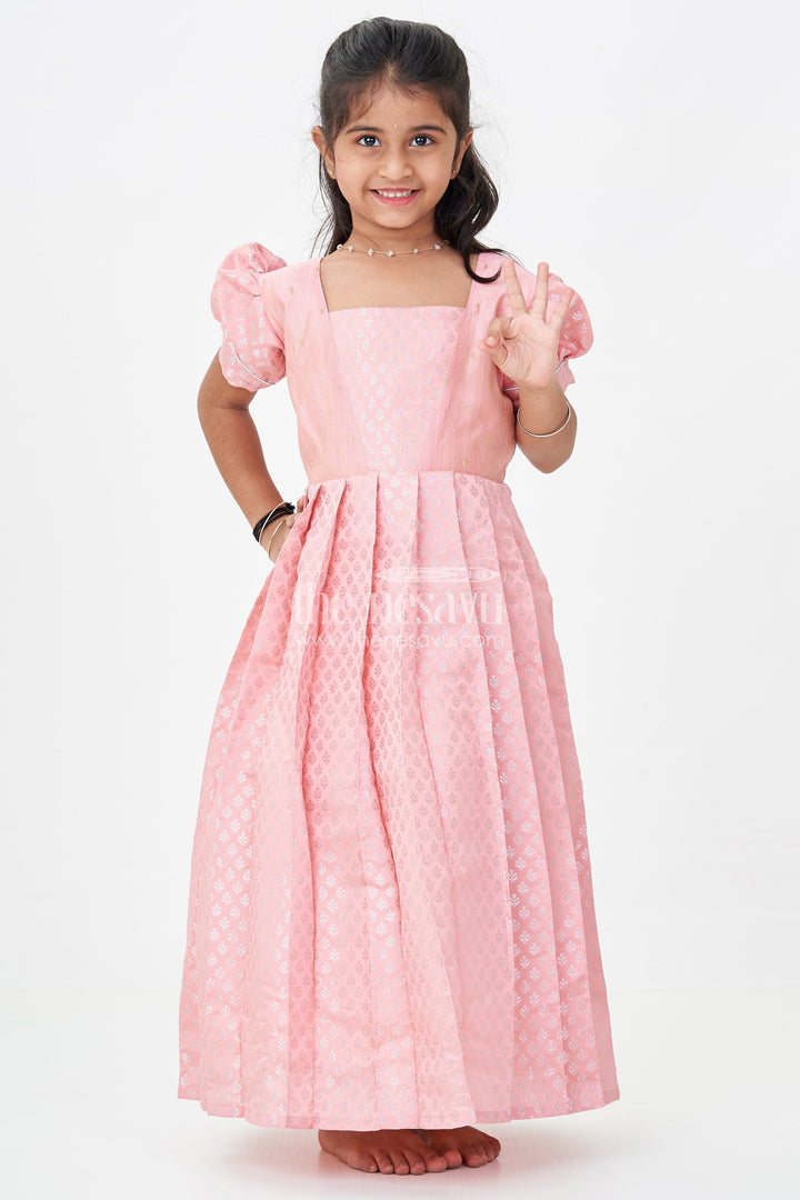 The Nesavu Girls Silk Gown Girls Semi Banaras Silk Pink Party Wear Gown with Intricate Woven Motifs and Classic Puff Sleeves Nesavu 16 (1Y) / Pink GA328A-16 Girls Semi Banaras Silk Pink Party Wear Gown Floral Woven Design Puff Sleeves | The Nesavu