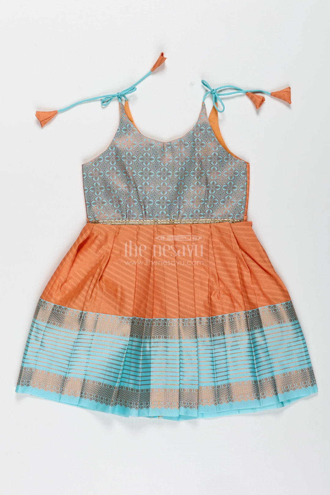 The Nesavu Tie-up Frock Girls Semi Kanchipuram Silk Tie-Up Frock in Grey-Orange Festive Traditional Wear Nesavu 14 (6M) / Orange / Style 1 SF995BA-14 Semi Kanchipuram Silk Frock For Girls Grey And Orange Tie-Up Design