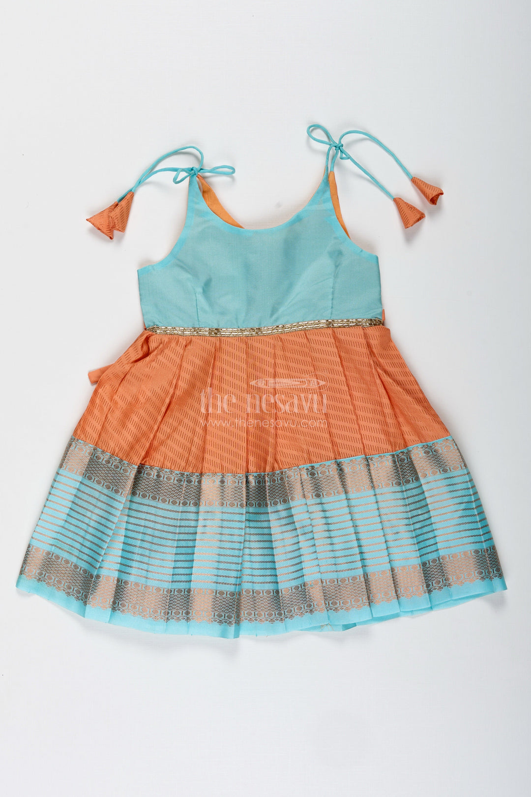 The Nesavu Tie-up Frock Girls Semi Kanchipuram Silk Tie-Up Frock in Grey-Orange Festive Traditional Wear Nesavu 14 (6M) / Orange / Style 2 SF995BB-14 Semi Kanchipuram Silk Frock For Girls Grey And Orange Tie-Up Design