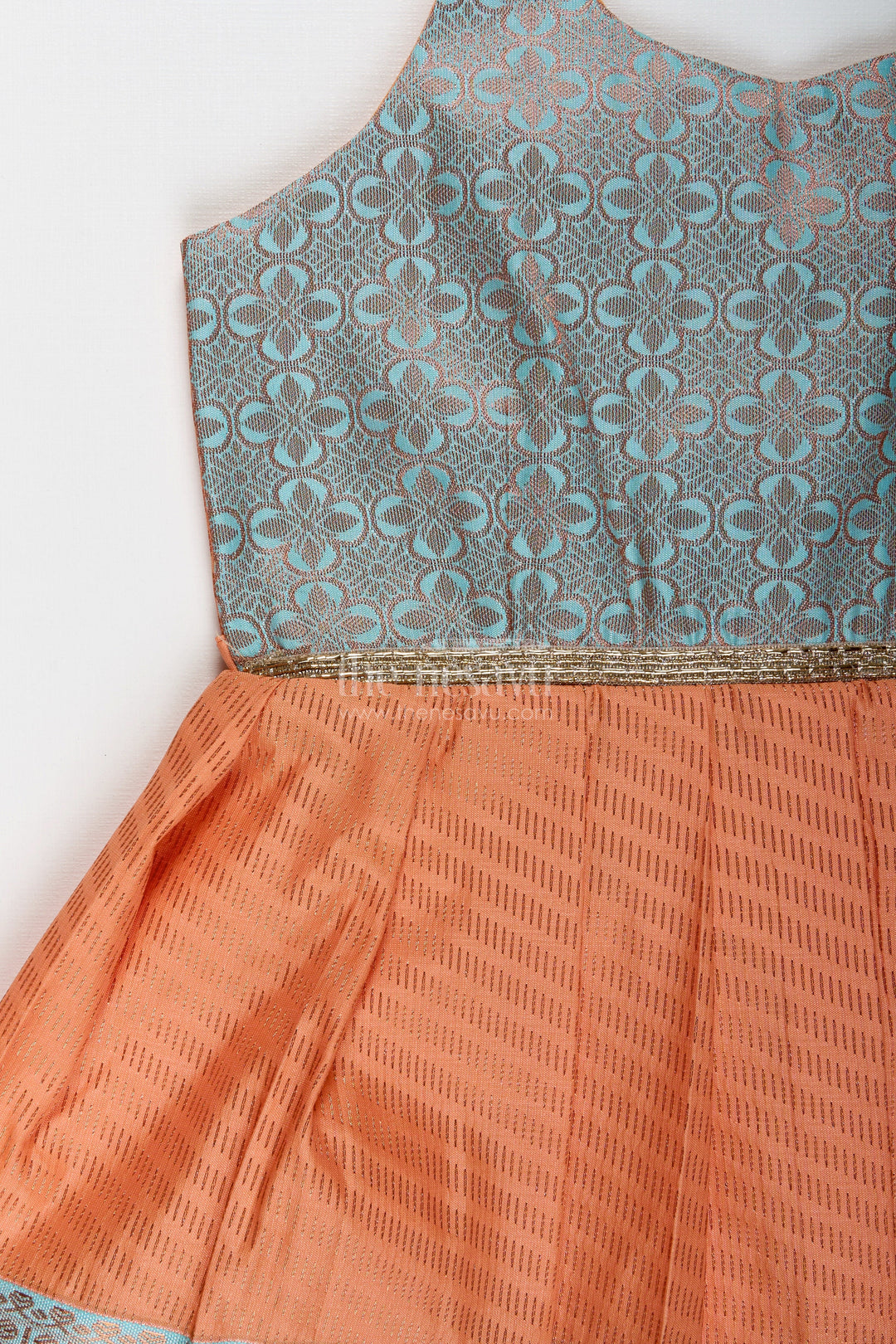 The Nesavu Tie-up Frock Girls Semi Kanchipuram Silk Tie-Up Frock in Grey-Orange Festive Traditional Wear Nesavu Semi Kanchipuram Silk Frock For Girls Grey And Orange Tie-Up Design