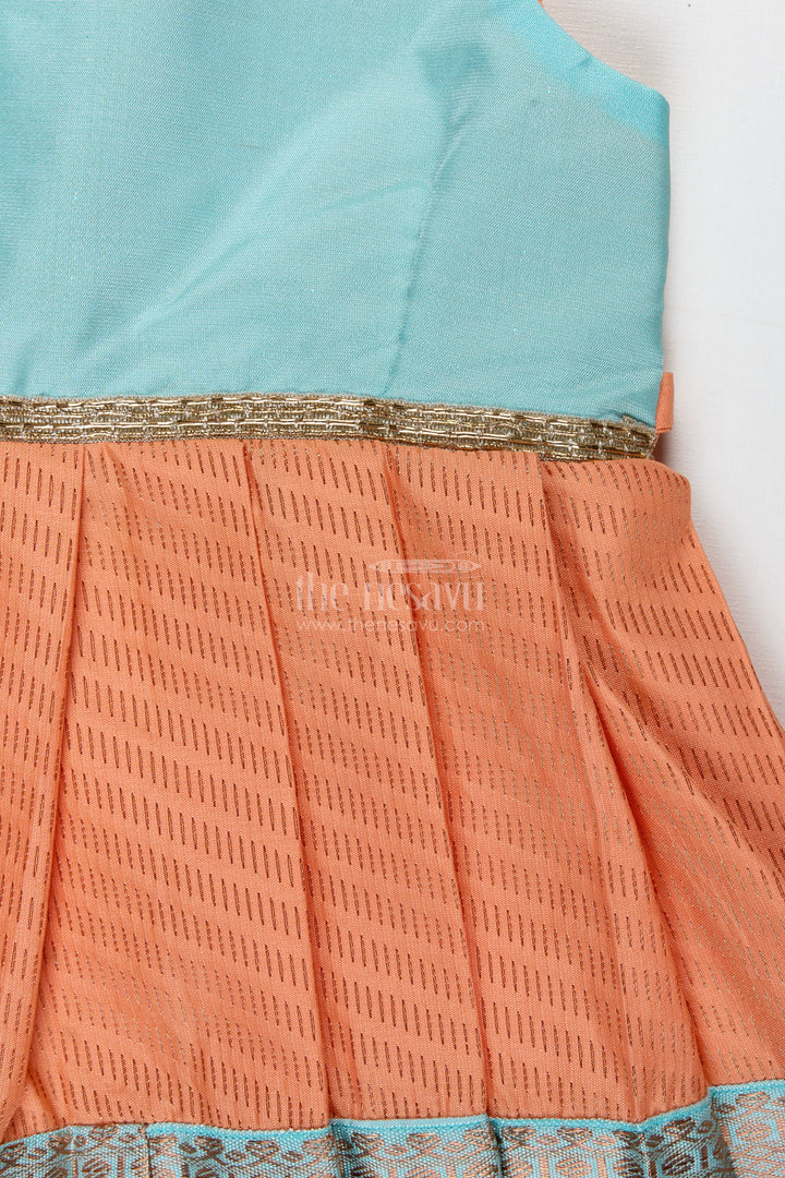 The Nesavu Tie-up Frock Girls Semi Kanchipuram Silk Tie-Up Frock in Grey-Orange Festive Traditional Wear Nesavu Semi Kanchipuram Silk Frock For Girls Grey And Orange Tie-Up Design