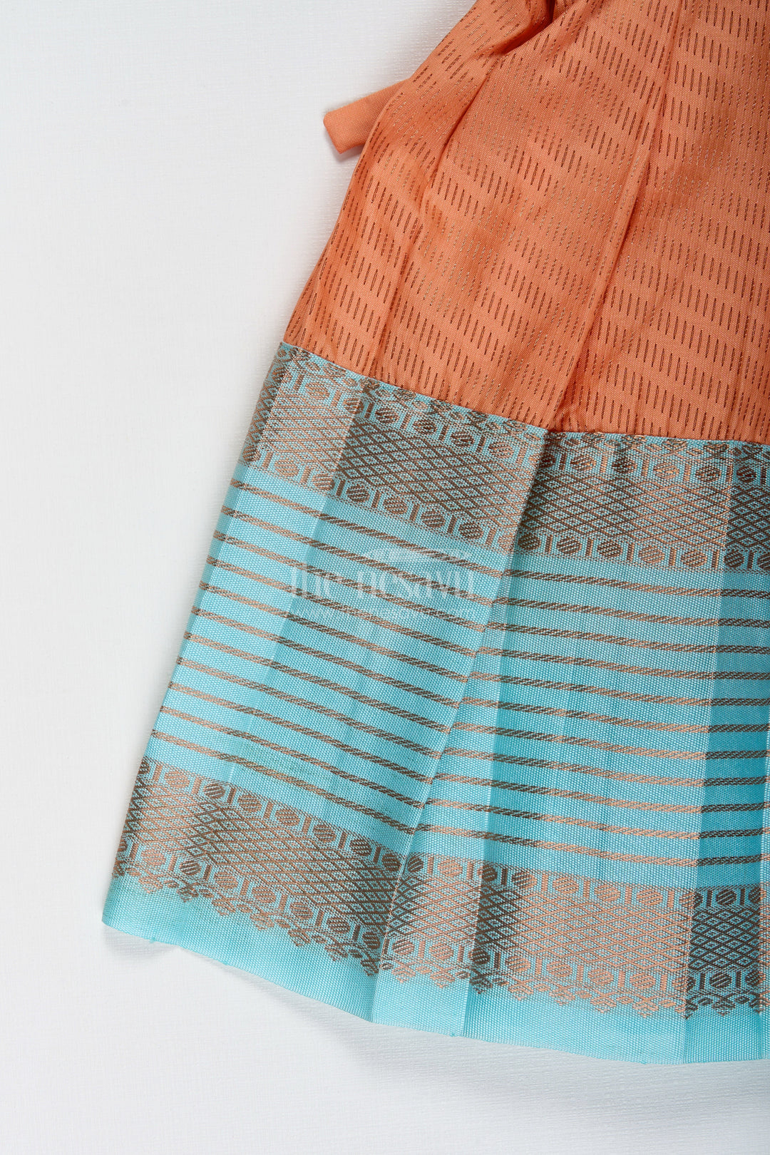 The Nesavu Tie-up Frock Girls Semi Kanchipuram Silk Tie-Up Frock in Grey-Orange Festive Traditional Wear Nesavu Semi Kanchipuram Silk Frock For Girls Grey And Orange Tie-Up Design