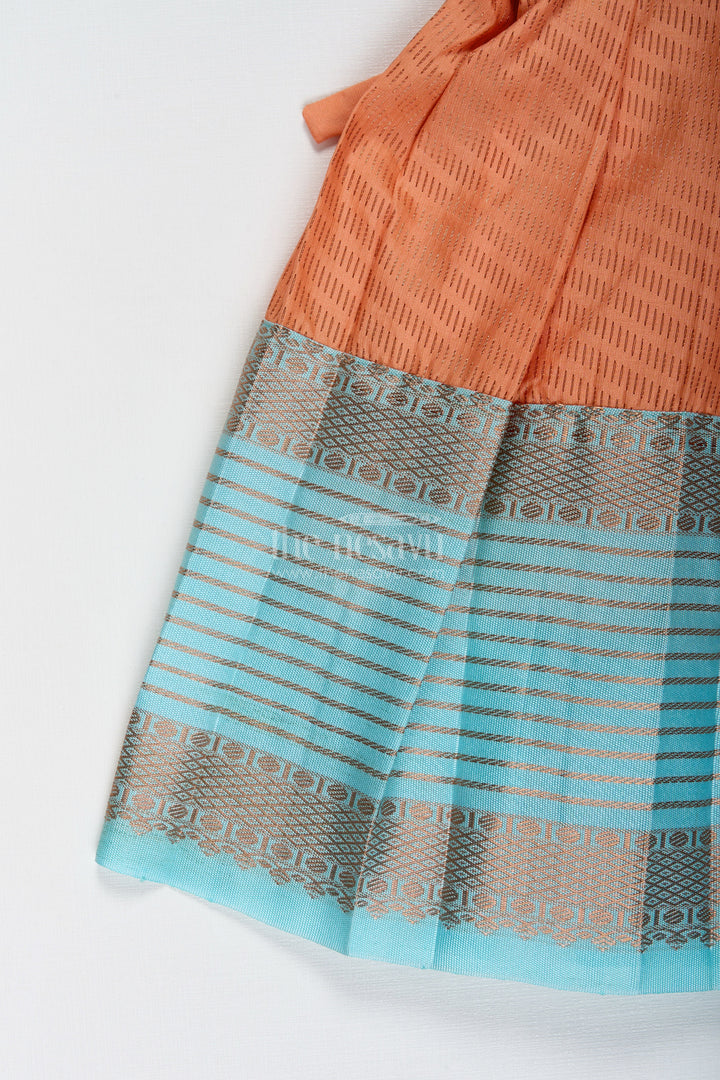 The Nesavu Tie-up Frock Girls Semi Kanchipuram Silk Tie-Up Frock in Grey-Orange Festive Traditional Wear Nesavu Semi Kanchipuram Silk Frock For Girls Grey And Orange Tie-Up Design