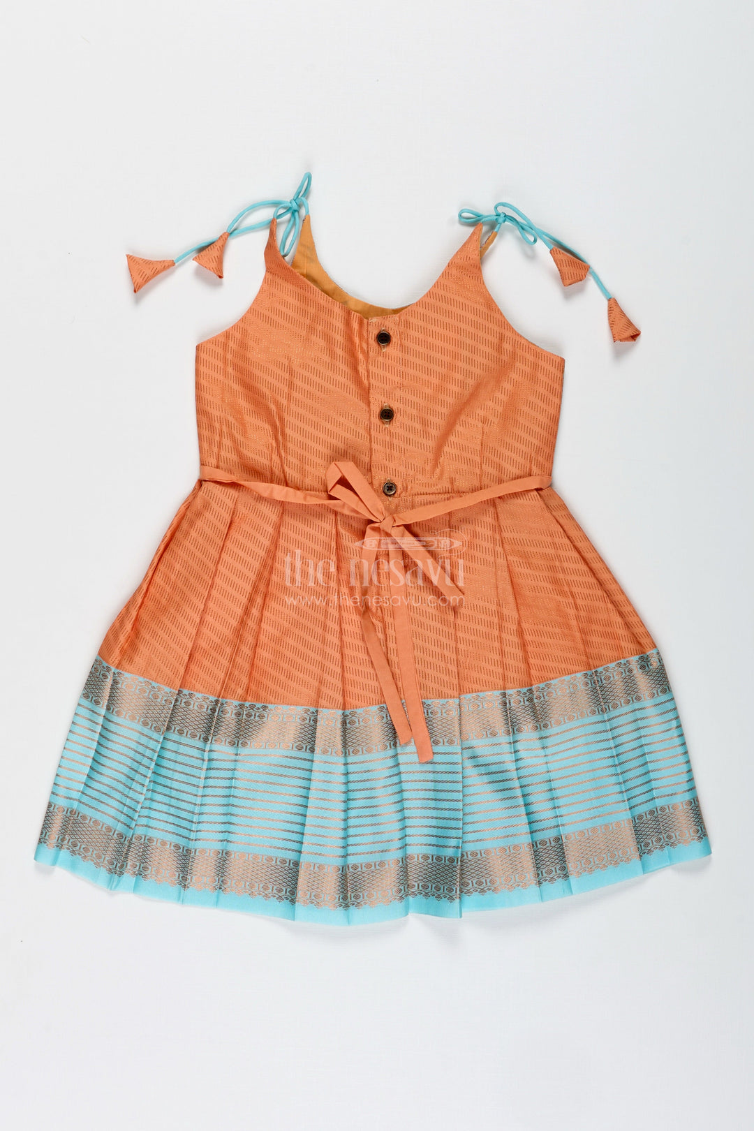 The Nesavu Tie-up Frock Girls Semi Kanchipuram Silk Tie-Up Frock in Grey-Orange Festive Traditional Wear Nesavu Semi Kanchipuram Silk Frock For Girls Grey And Orange Tie-Up Design