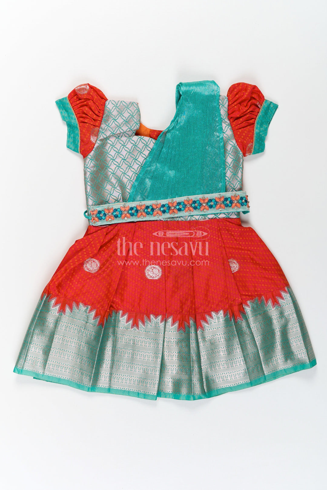 The Nesavu Girls Kanchi Silk Frock Girls Semi Kanchivaram Dark Red Silk Dress with Embroidered Lace and Dupatta in Traditional South Style Nesavu 16 (1Y) / Red / Style 1 SF854AA-16 Girls Semi Kanchivaram dark red silk dress with Thread Embroidery and Lace Dupatta in Ethnic Design | The Nesavu