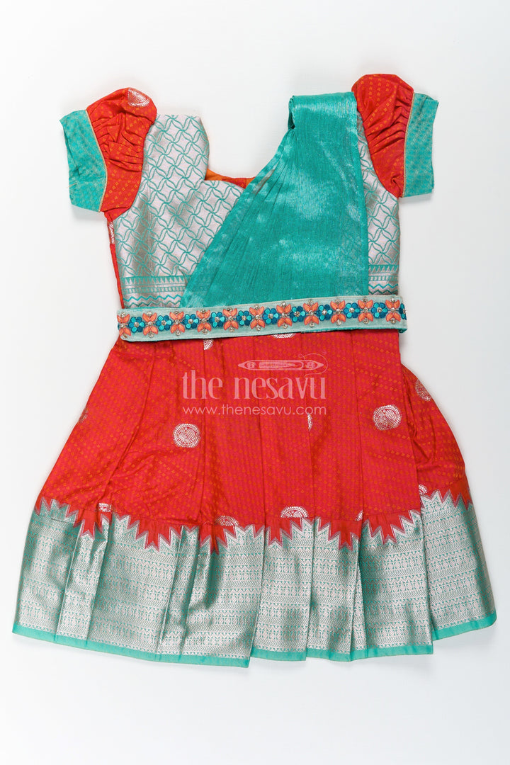 The Nesavu Girls Kanchi Silk Frock Girls Semi Kanchivaram Dark Red Silk Dress with Embroidered Lace and Dupatta in Traditional South Style Nesavu 20 (3Y) / Red / Style 2 SF854AB-20 Girls Semi Kanchivaram dark red silk dress with Thread Embroidery and Lace Dupatta in Ethnic Design | The Nesavu