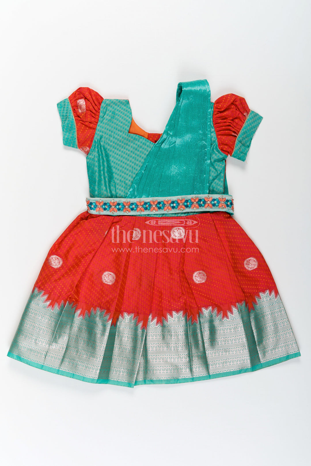 The Nesavu Girls Kanchi Silk Frock Girls Semi Kanchivaram dark red silk dress with Embroidered Lace and Dupatta in Traditional South Style Nesavu 20 (3Y) / Red / Style 3 SF854AC-20 Nesavu Girls Semi Kanchivaram dark red silk dress with Thread Embroidery and Lace Dupatta in Ethnic Design