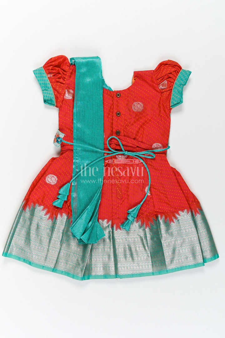 The Nesavu Girls Kanchi Silk Frock Girls Semi Kanchivaram dark red silk dress with Embroidered Lace and Dupatta in Traditional South Style Nesavu Nesavu Girls Semi Kanchivaram dark red silk dress with Thread Embroidery and Lace Dupatta in Ethnic Design