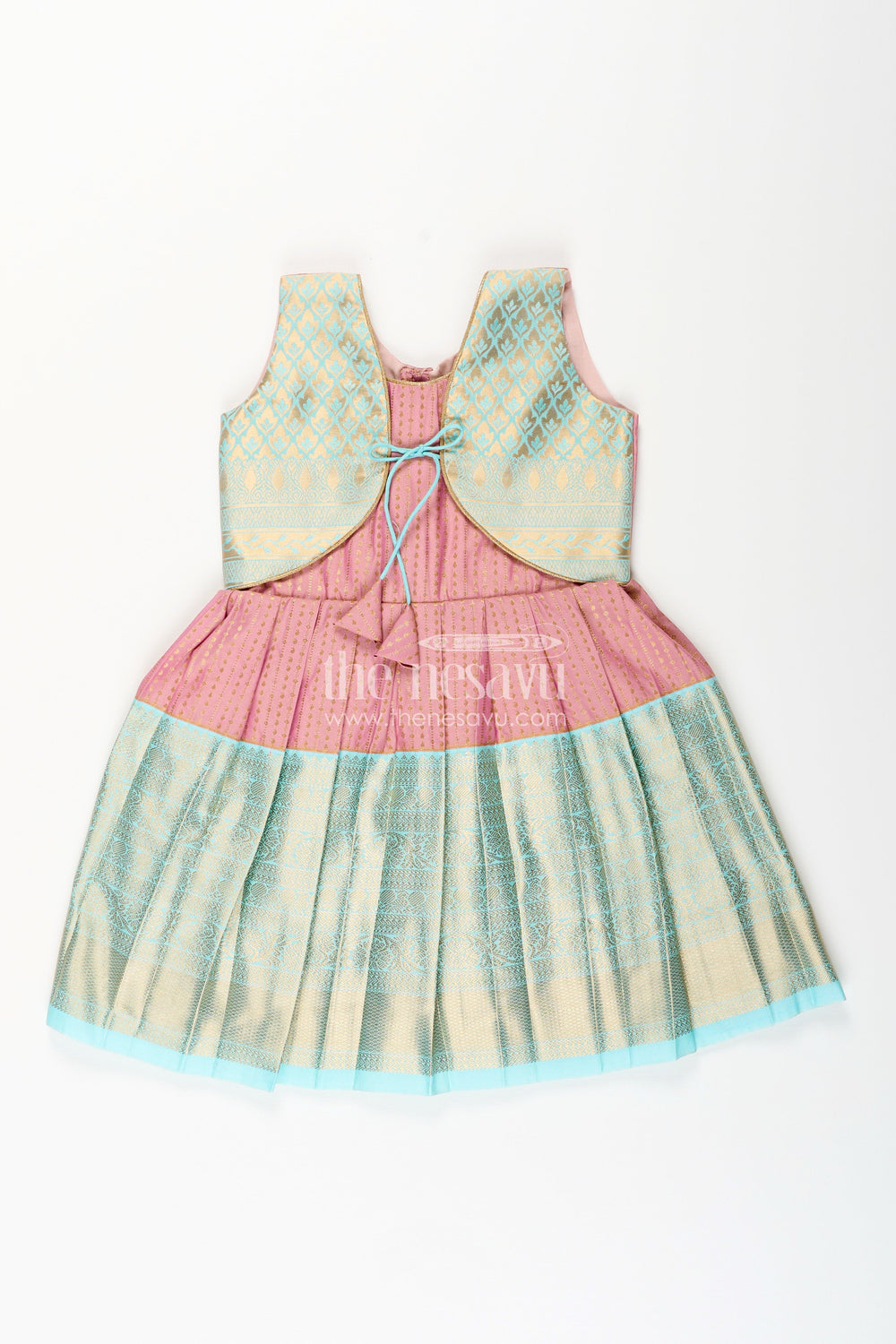 The Nesavu Girls Kanchi Silk Frock Girls semi Kanchivaram silk frock in maroon with jacket Nesavu 14 (6M) / Peach / Style 2 SF1005CB-14 Nesavu girls maroon semi Kanchivaram silk frock with mint green brocade jacket